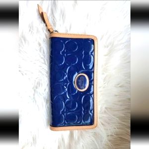 COACH Navy Embossed Peyton Zip Around Wallet